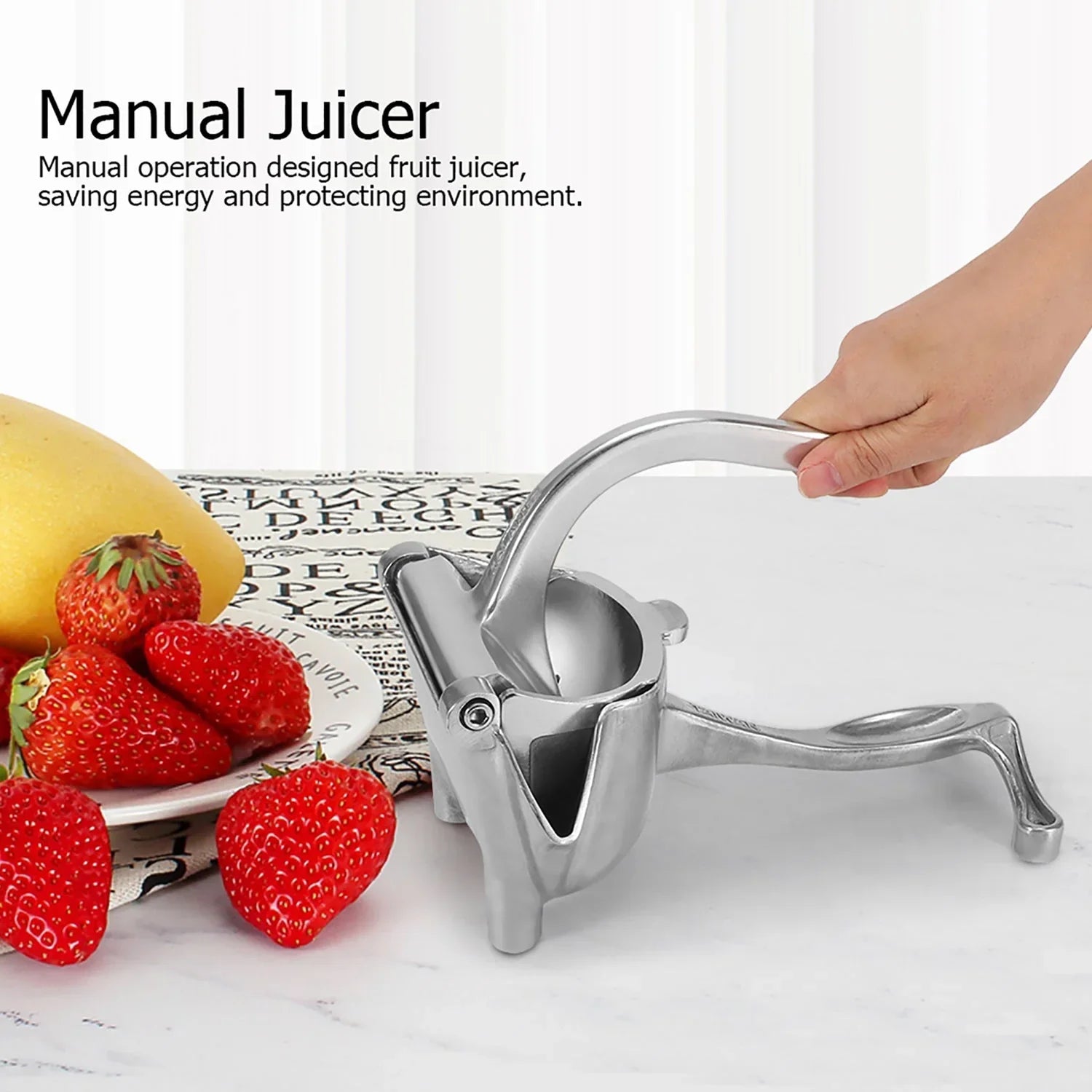 Heavy-duty fruit press juicer for kitchens. Heavy-duty fruit press juicer for kitchens.